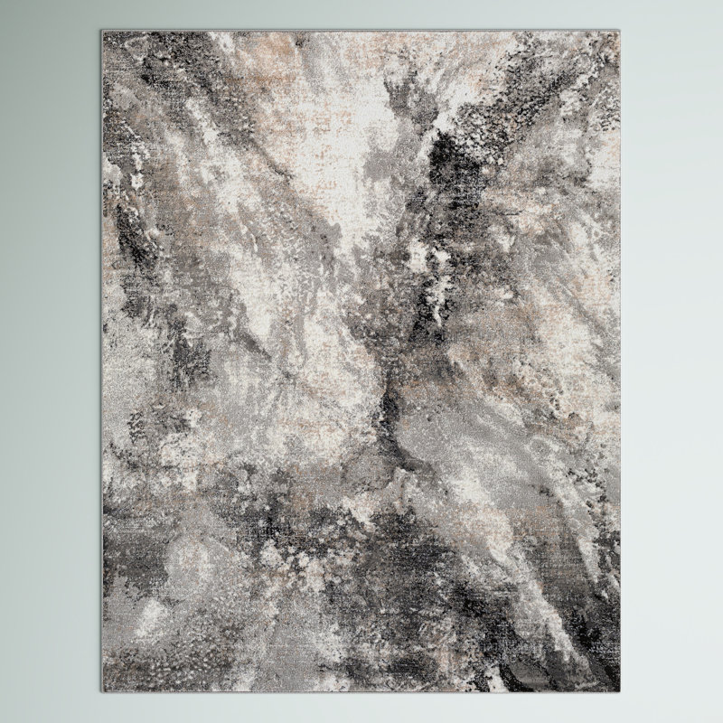 Tapis abstrait gris anthracite / blanc Lemaire, Rectangle 5 pi 3 po x 7 pi