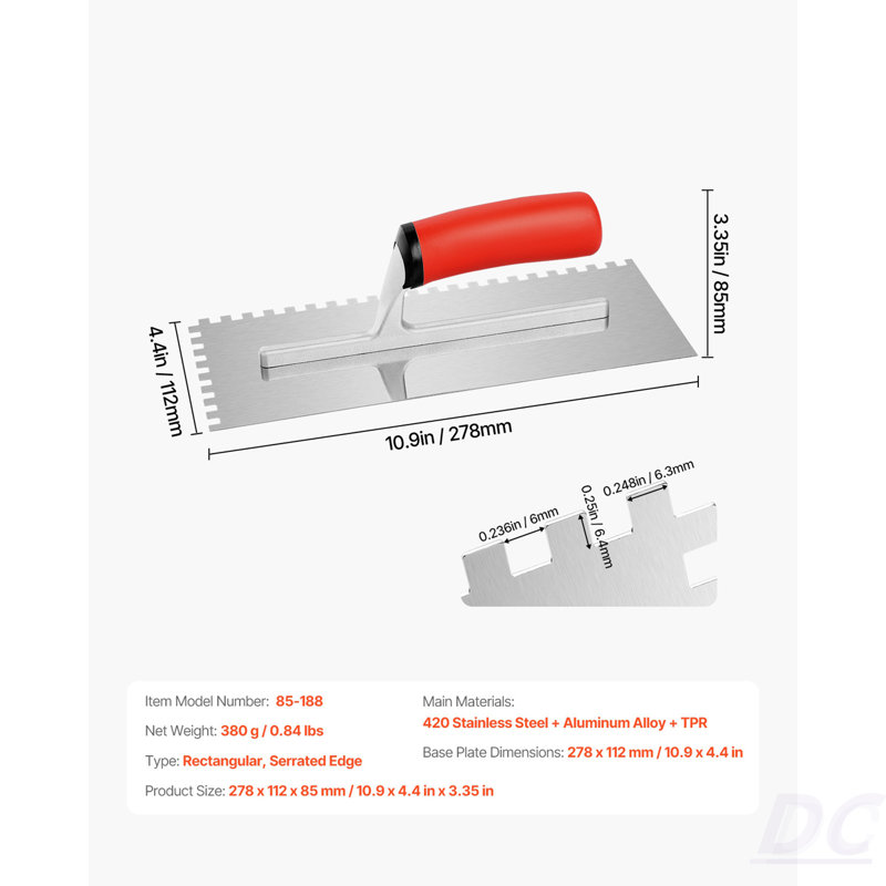 Truelle à carreaux carrés en acier inoxydable 10,9 x 4,4 po de qualité professionnelle Tile Tools