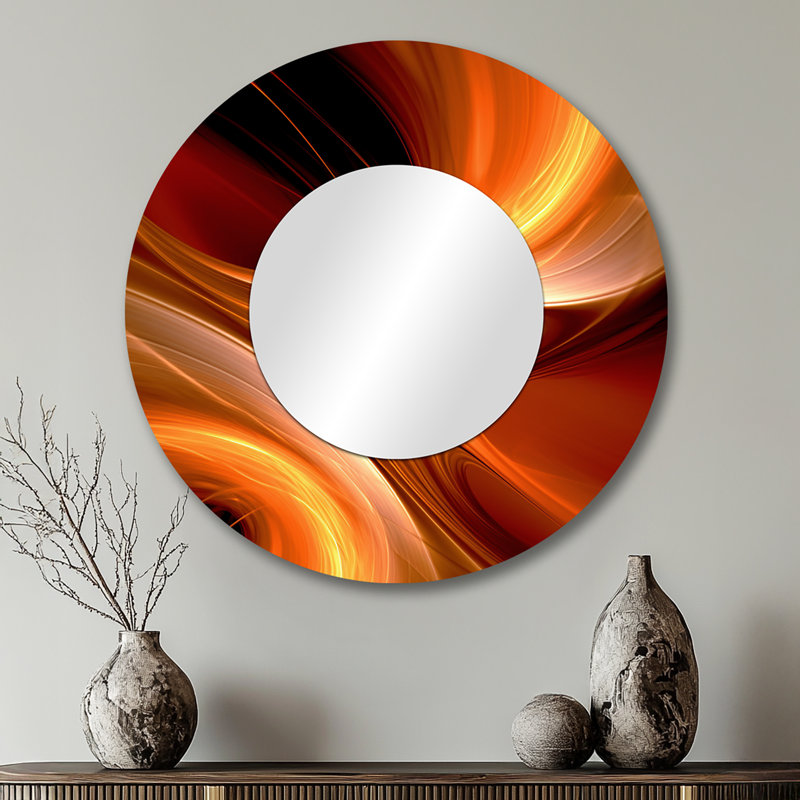 Orange Abstract Warm Fractal Design II - Fractals Mirror, Orange Round Decorative Wall Mirror, Printed Metal Art, 29" x 29"