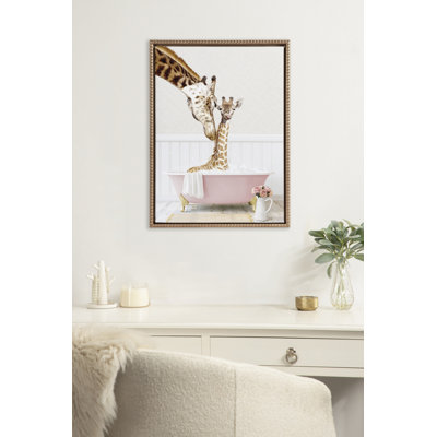 Mother and Baby Giraffe in Cottage Rose Bath by Amy Peterson Framed Canvas Wall Art Print