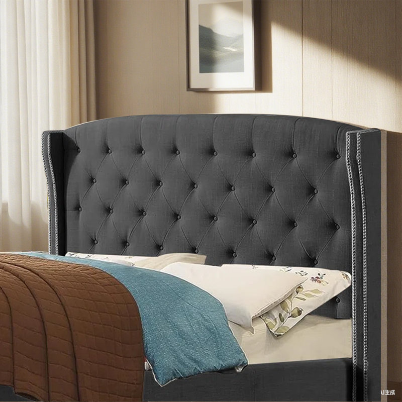 Tête de lit tapissier à oreilles en lin avec garniture cloutée double et capitonnage pour chambre à coucher, Lit double, Noir