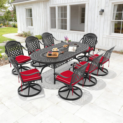 Table de salle à manger d'extérieur en aluminium coulé de 81,89 po avec trou pour parasol et 8 chaises pivotantes avec coussins rouges (9 pièces)