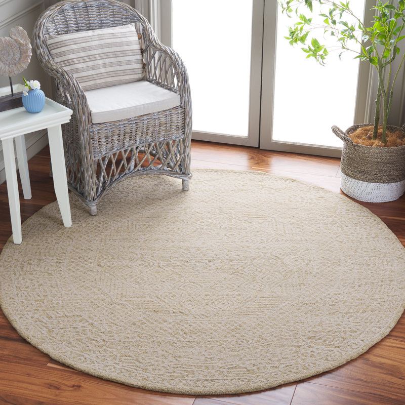 Creger Textural Hand Tufted Wool Cotton Oriental Rug in Gold/Ivory, Round 6'