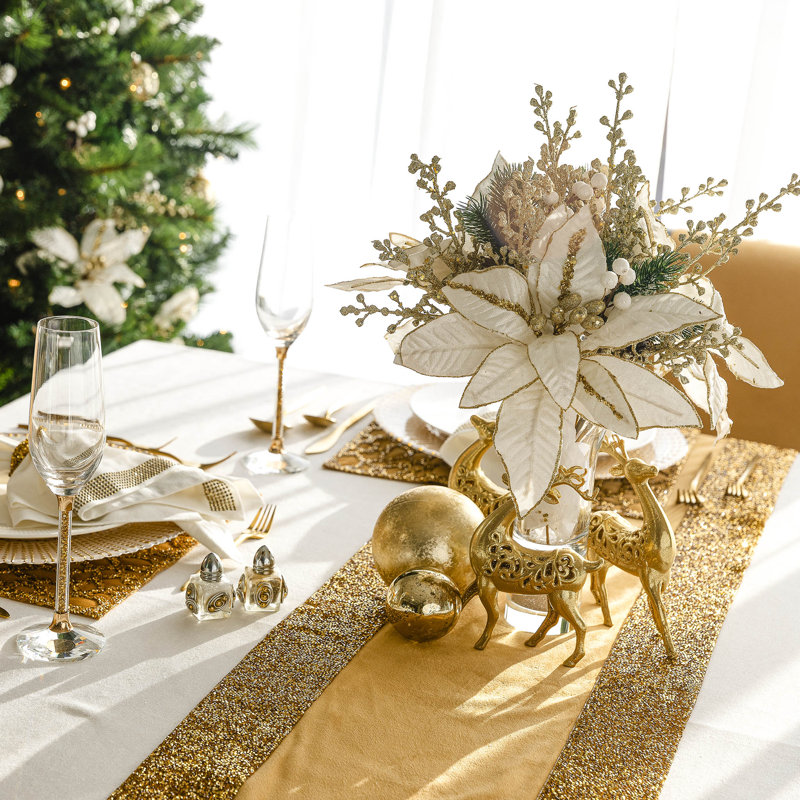 Gold Polyester Velvet Table Runner with Rhinestone Border