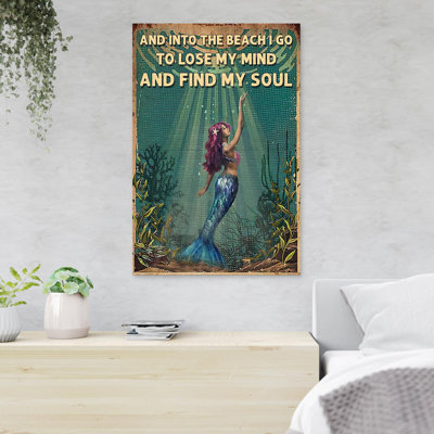 Beautiful Mermaid In Ocean - And Into The Ocean - 1 Piece Rectangle Graphic Art Print On Wrapped Canvas
