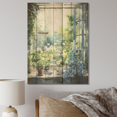 Green And Blue Countryside Window Charm II - Farmhouse Windows On Wood Print