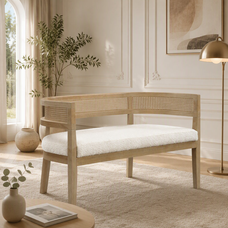 Canapé en rotin deux places de 47,5 pouces, Beige bouclé, Bois de frêne naturel