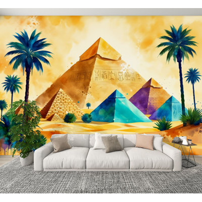 Papier peint auto-adhésif à motif de pyramides égyptiennes dorées, paysage désertique, palmiers, H 100 po x l 144 po, papier peint amovible en PVC, adhésif pour chambre à coucher, bureau à domicile