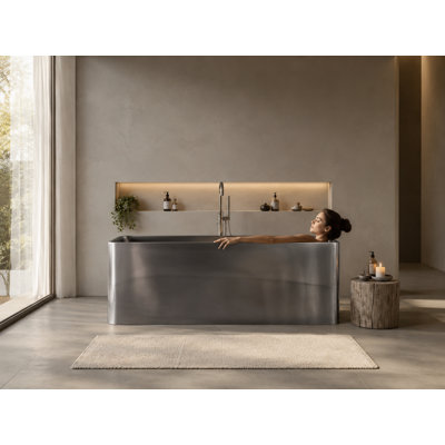 Vast Studio Aged Silver/White Freestanding Rectangular Bathtub – Deep Soaking Solid Surface Luxury Tub with Minimalist Architectural Design & Metallic Premium Finish