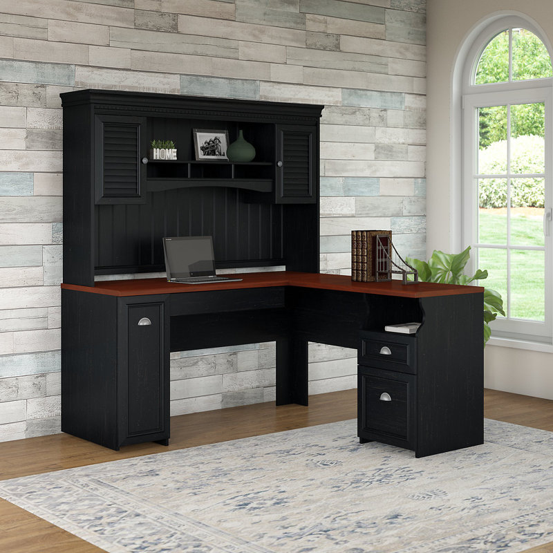 Bureau de direction en L avec huche Ozro 60W, Noir antique