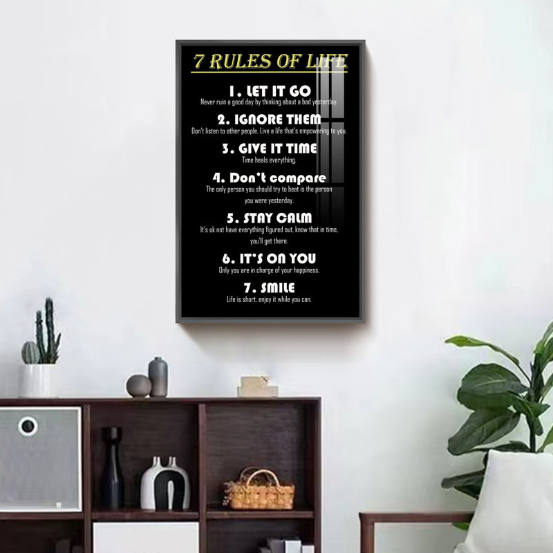 «7 Rules of Life», art textuel sur toile, H 24 po x l 16 po x P 1,3 po, Impression noire sur toile encadrée