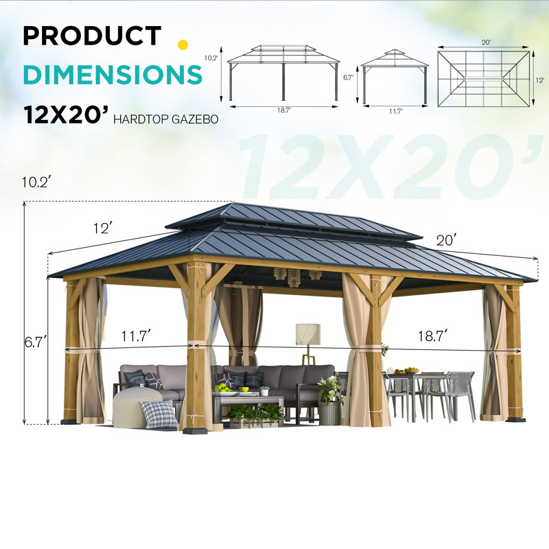 Cedar and Metal Hardtop Outdoor Gazebo with Curtains, 12' x 20'