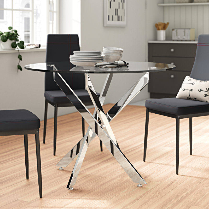 Lexington Round Dining Table for Dining Room Furniture, Glass Top and Metal Dinner Table, Chrome, H75 x L100 x W100