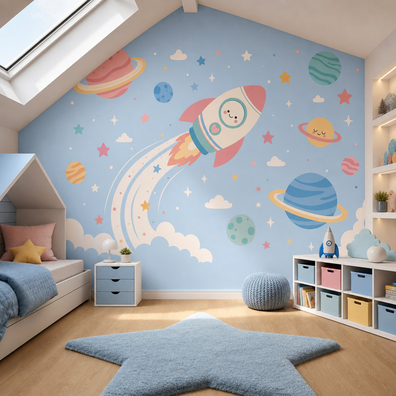 Décoration murale amovible Space Space Rocket Planets, 100 po x 96 po, Texturé non collé