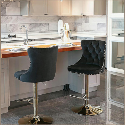 Tabourets de bar pivotants en velours doré à hauteur de siège réglable, tabourets de bar rembourrés modernes avec dossier capitonné confortable, ensemble de 2