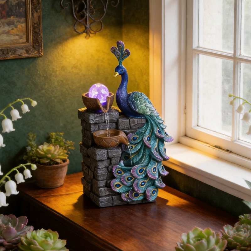 Fontaine de table Peacock avec lumière DEL à changement de couleur et boule de verre, cascade intérieure pour décorer la maison et le bureau