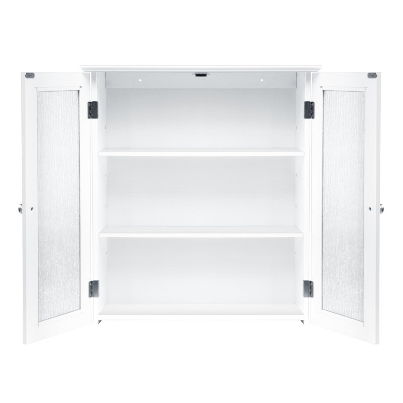 Jaeden Removable Two-Door Wall Cabinet with Water-Textured Glass and Adjustable Shelves, White