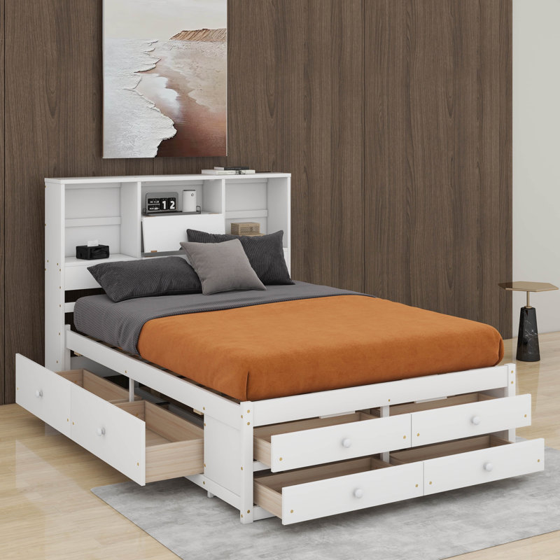 Lit plateforme avec tête de lit avec rangement et 8 tiroirs, Blanc, Grand lit