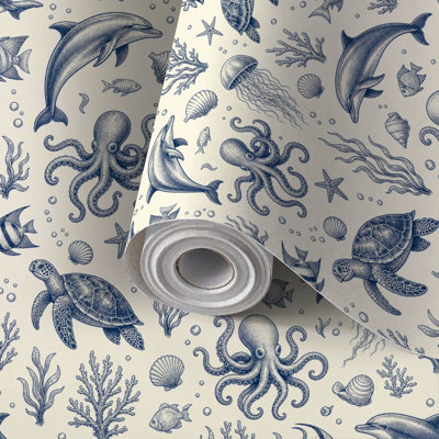 Peel and Stick PVC Wallpaper, Removable Self-Adhesive Wall Covering With Whale Blue Sea Ocean Underwater World Whale Dolphin Jellyfish Sea Print, Waterproof for Home Decor - Roll