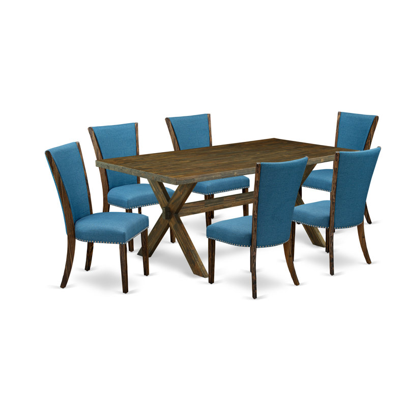 Ensemble de meubles de salle à manger 7 pièces comprenant une table de salle à manger rectangulaire avec pieds en X et 6 chaises Parsons en tissu de couleur bleue, jacobine vieilli