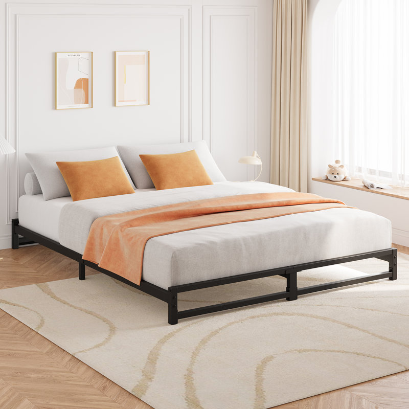 Structure de lit double, structure de lit plateforme en métal avec support en lattes d'acier, hauteur de 6 pouces, sommier, assemblage facile, aucun sommier tapissier requis, noir