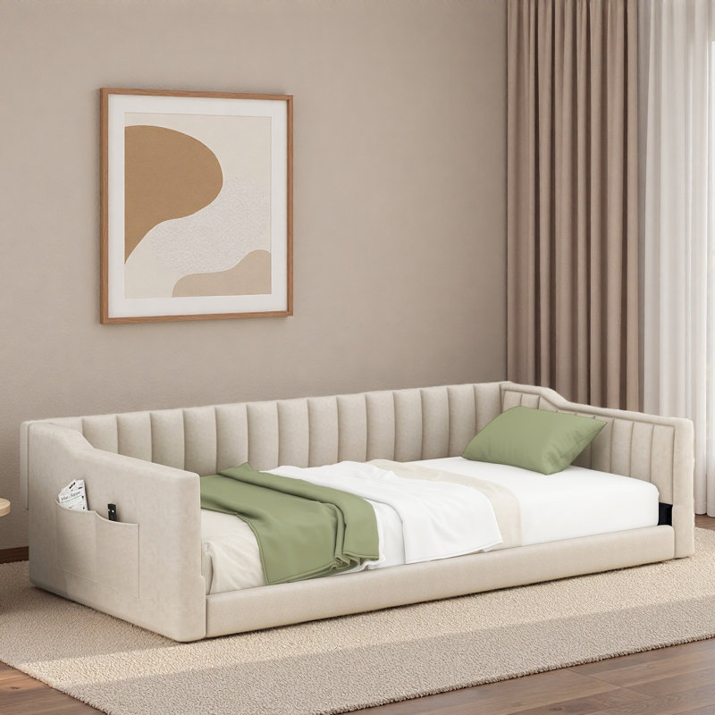 Upholstery Daybed With Side Storage Pockets And Vertical Stripe Design, Extra-Long Twin