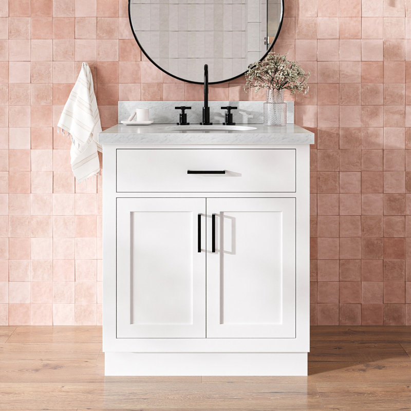 Meuble-lavabo simple en bois massif 30 po avec plateau en marbre de Carrare 1,5 po Tidworth, Blanc / noir mat, Ovale