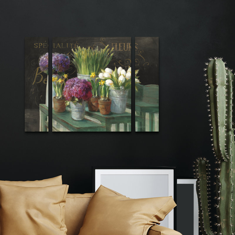 Ensemble de 3 panneaux muraux - Danhui Nai «Les Fleurs Printemps On Black», art mural sur toile pour le salon, la chambre à coucher ou le bureau 
