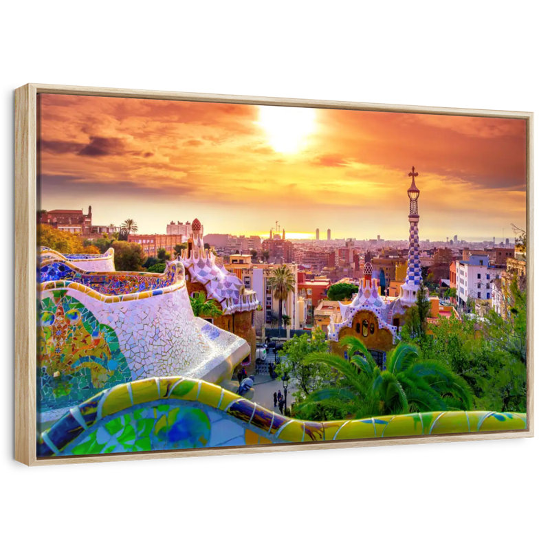 Barcelone depuis le parc Guell, 37 po x 25 po, Cadre flottant en bois naturel