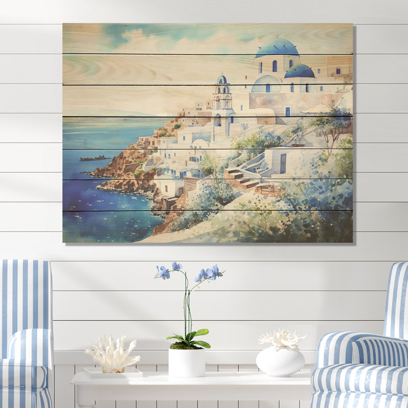 Santorini bleu et blanc II - Grèce sur bois, H 10 po x l 20 po