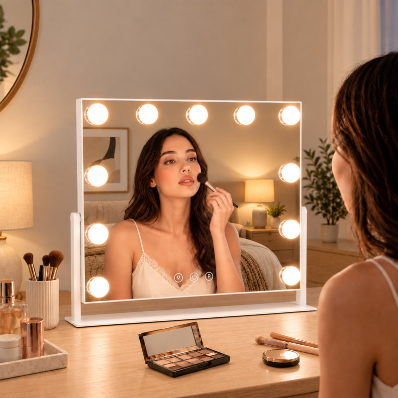 Miroir rectangulaire à DEL en métal pour chambre à coucher, miroir de coiffeuse de style Hollywood à intensité variable sur table