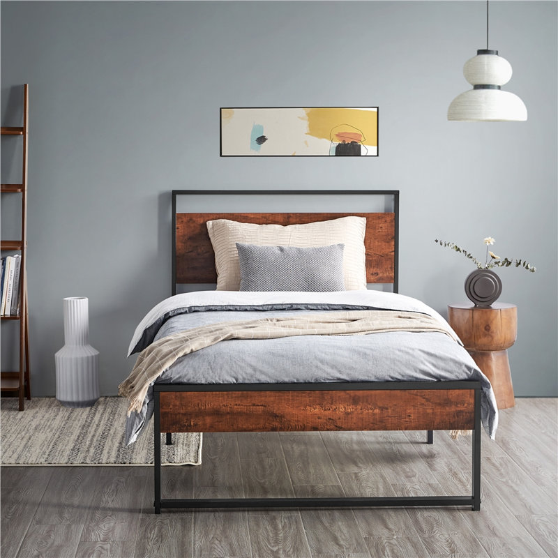 Lit plateforme rustique en métal, Simple, Acajou