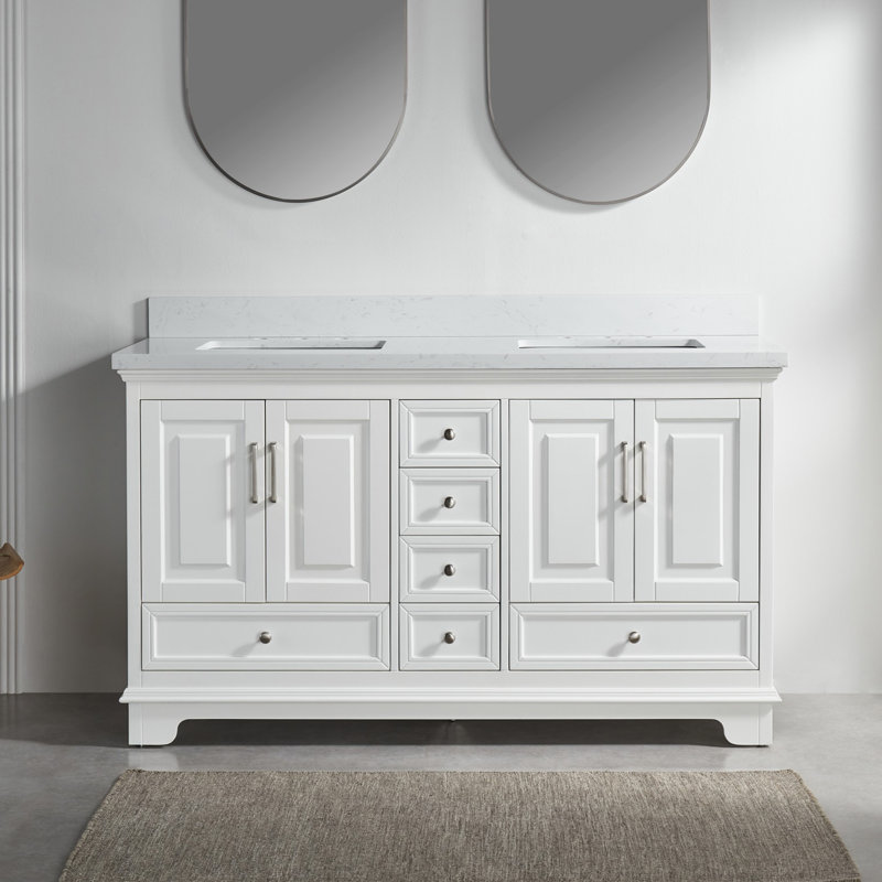 Meuble-lavabo double blanc en bois massif l 60 po x P 22 po avec tiroirs à fermeture en douceur et comptoir en marbre