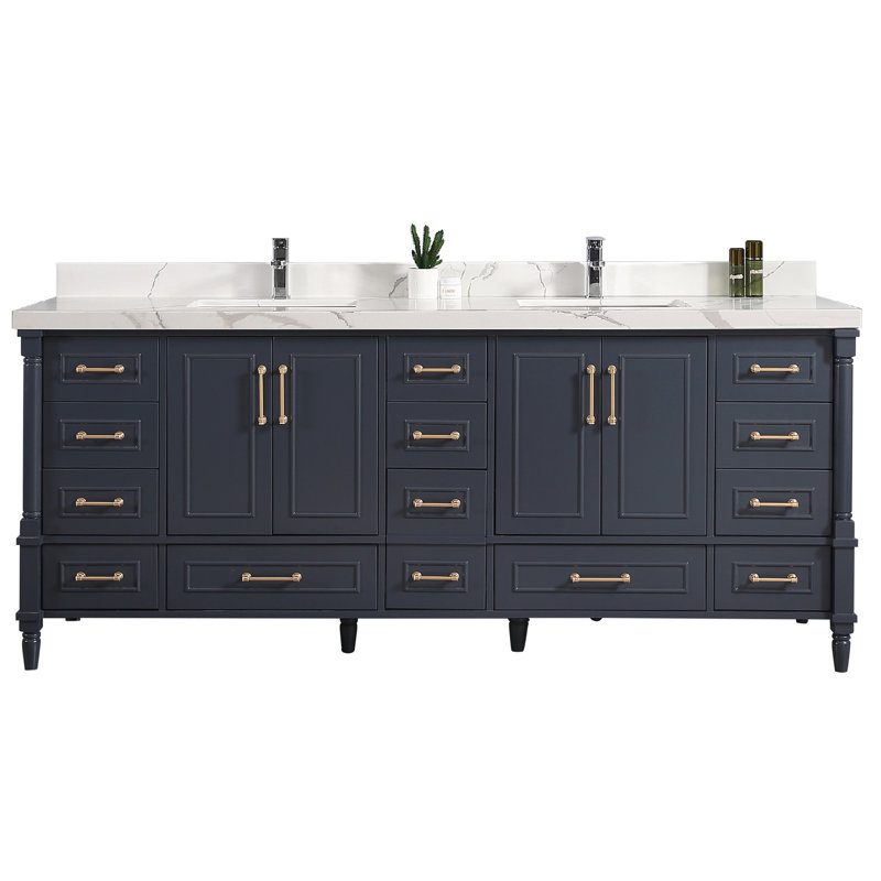 Ensemble de meuble-lavabo double 84 po Muirhead, Calacatta, Bleu marine hâlé, Doré