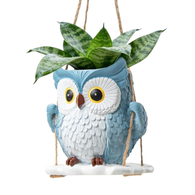 Swing Owl Hanging Planter With Drainage Hole - Blue