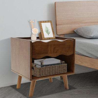 Table de chevet rétro avec tiroir, table de chevet en bois d'hévéa avec tablette ouverte
