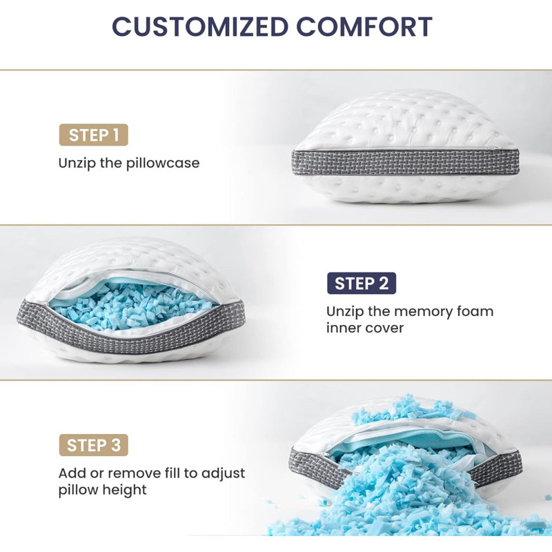  Cooling Gel Memory Foam Pillow, Adjustable Queen Size Bed Pillow for Neck Pain Relief, White, 1