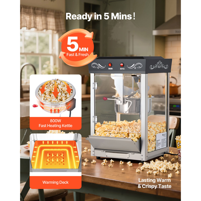 Machine à maïs soufflé, cuve en acier inoxydable 225 g, 800 W, modèle professionnel de comptoir, 48 tasses par fournée, style cinéma, avec panneau de commande à 2 boutons, porte vitrée, 1 dosette et 3 cuillères, noir