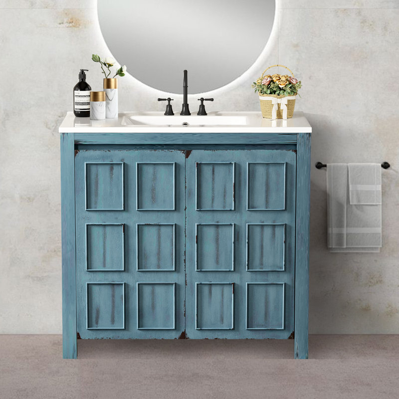 Meuble-lavabo 36 po avec lavabo en céramique, Bleu rétro