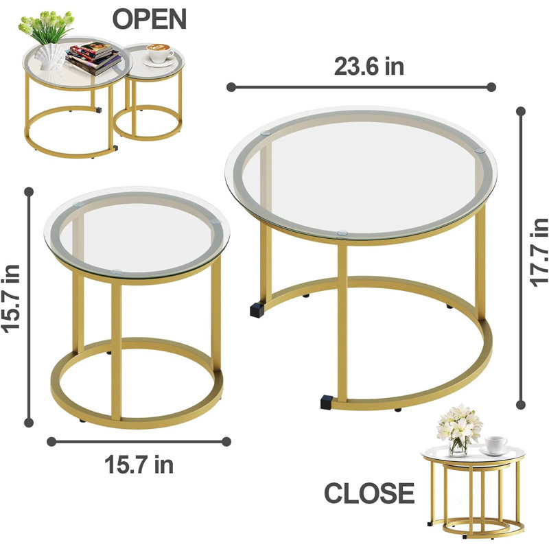 Nesting Coffee Table Set Of 2, Small Glass Round Nesting Tables For Living Room Bedroom, Accent Tea Table With Metal Frame Modern Industrial Simple