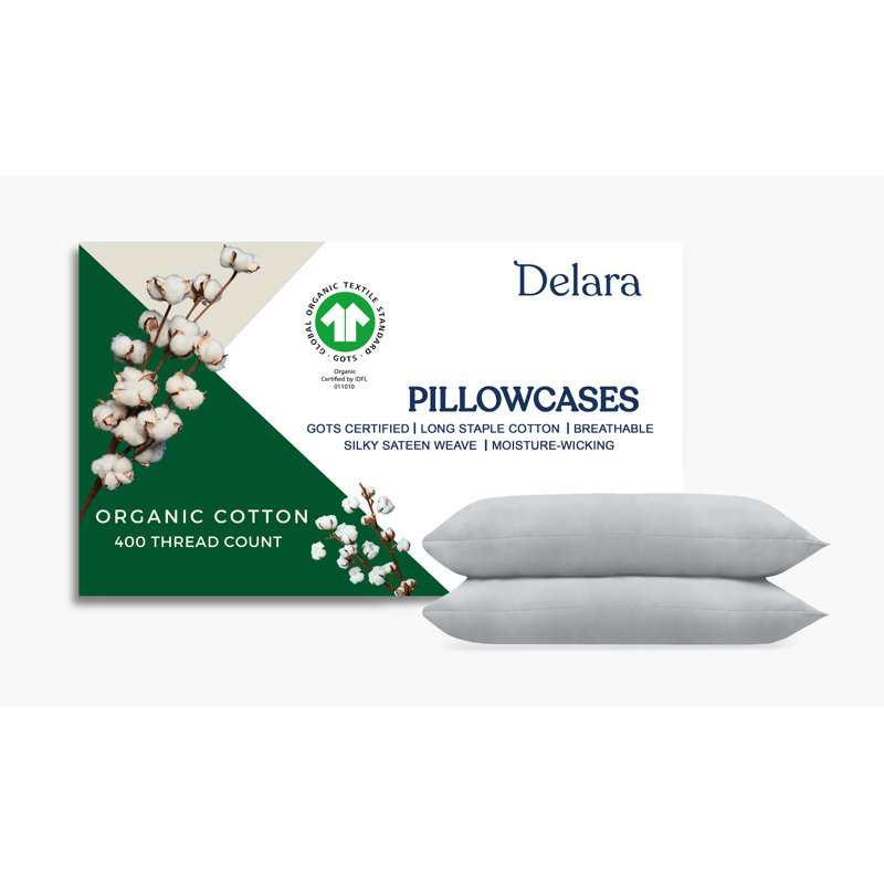 Delara GOTS-Certified Organic Cotton Sateen Pillowcase Set of 2, 400 Thread Count, Soft Long-Staple Cotton, Light Gray, Queen
