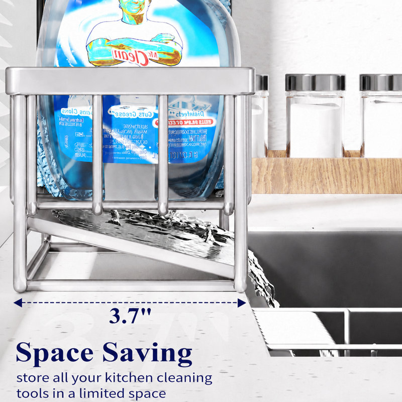 Sponge Holder for Kitchen Sink - Rustproof Stainless Steel Sink Caddy Organization and Storage Essentials with High Brush Holder, Home Decor Accessories, 7.9" x 3.7" x 6.2", Sliver
