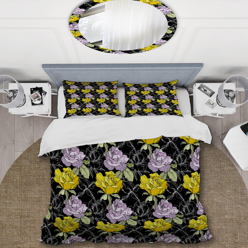 Roses jaunes et mauves - Ensemble de housse de couette floral - Polyester microfibre