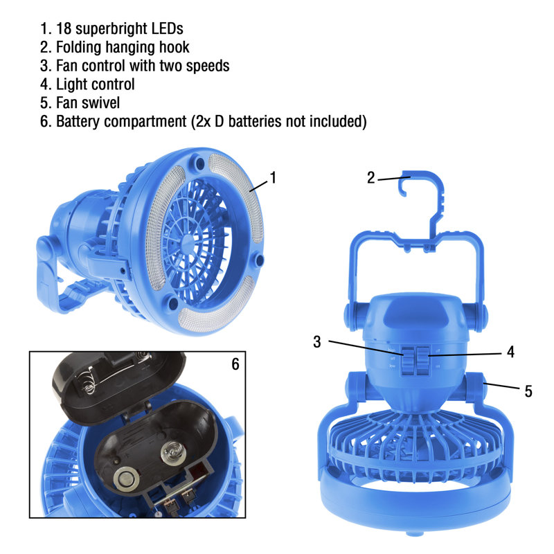 Wakeman Portable 2 in 1 LED Camping Lantern with Fan - Weather-Resistant 18 LED Light, Blue