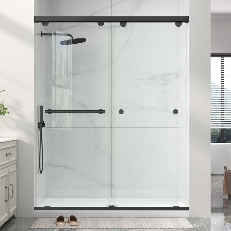 49"-54" W x 76" H Double Sliding Semi-Frameless Shower Door in Matte Black with 5/16" (8mm) Clear Tempered Glass, Aluminum Frame