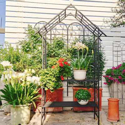 Banc de jardin en métal convertible avec support à fleurs, W59,15 * H97,9, capacité de charge élevée pour l'extérieur - noir comme bon pour la gloire du matin