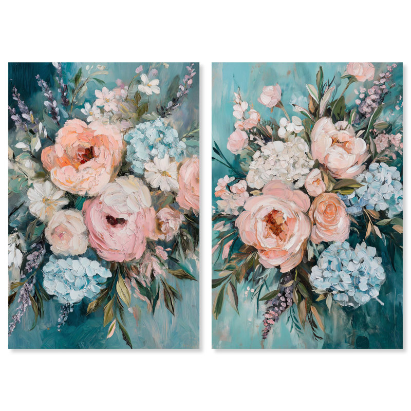 «Dripping in Teal Floral Duo», reproduction d'art sur toile par Art Remedy, tendue sur châssis, 16 x 24, Gallery Wrapped