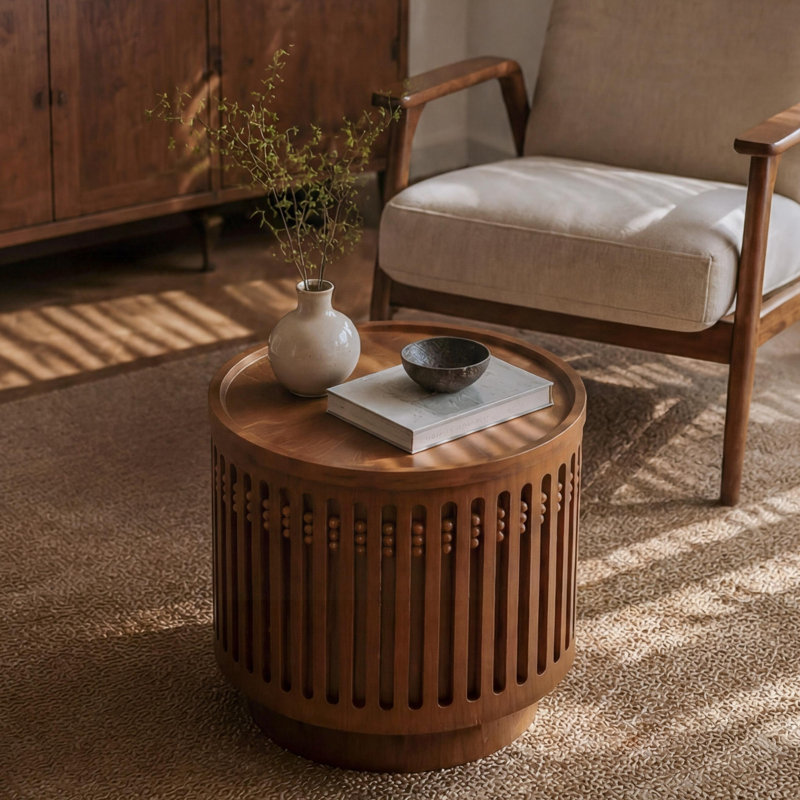 Table d'appoint ronde en bois avec motif en treillis et rangement caché