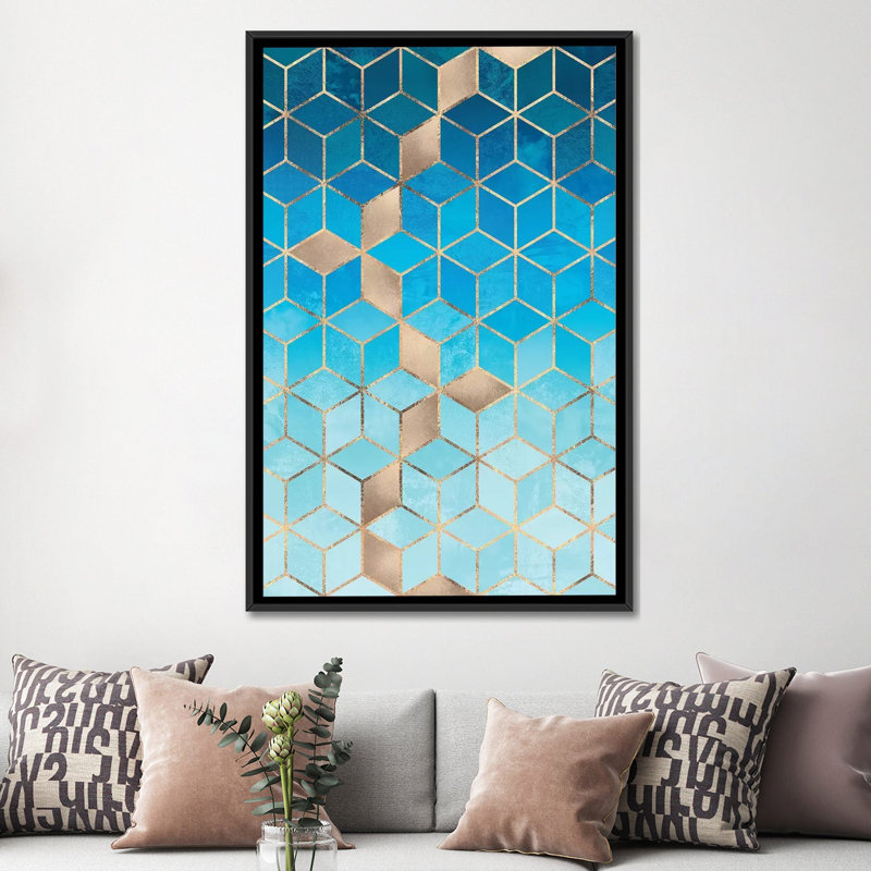 «Sea and Sky Cubes», impression sur toile, H 26 po x l 18 po x P 1,5 po, Toile avec cadre noir, Pas de tapis