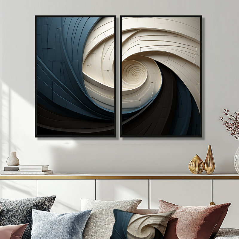 Geometric Spiral I - Abstract Spirals, art mural 2 pièces, Noir, H 36 po x l 48 po, Impression encadrée flottante